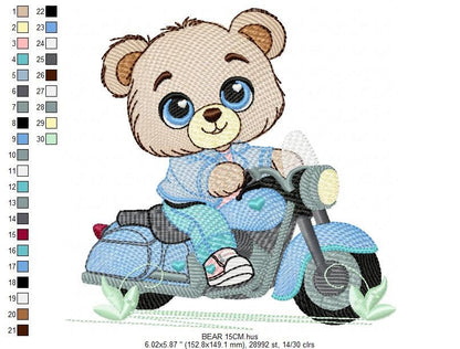 Male Bear with bike embroidery designs - Bear with motorcycle machine embroidery pattern - Baby boy file - Instant digital download pes jef dst