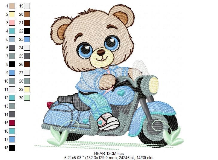 Male Bear with bike embroidery designs - Bear with motorcycle machine embroidery pattern - Baby boy file - Instant digital download pes jef dst