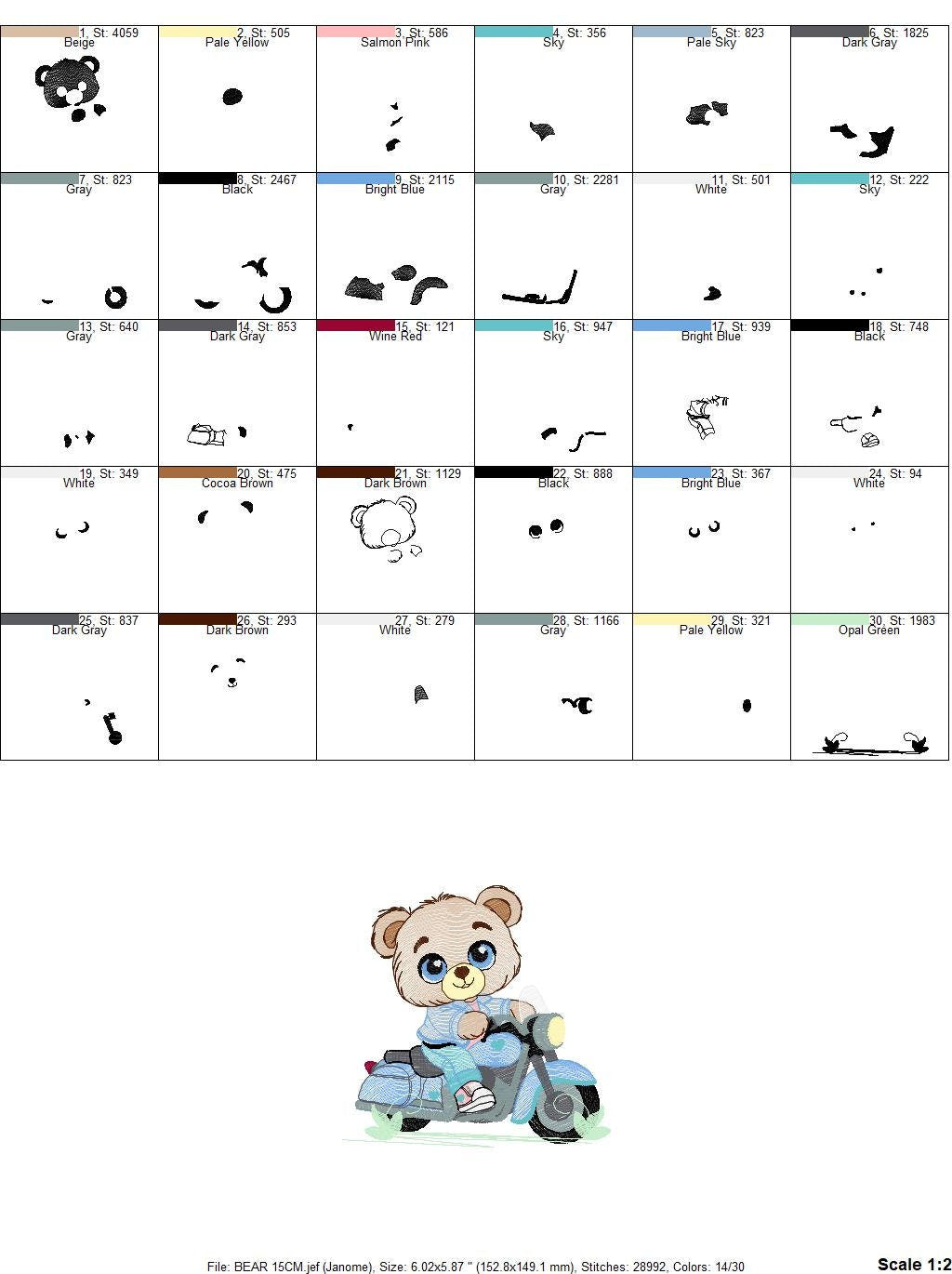 Male Bear with bike embroidery designs - Bear with motorcycle machine embroidery pattern - Baby boy file - Instant digital download pes jef dst