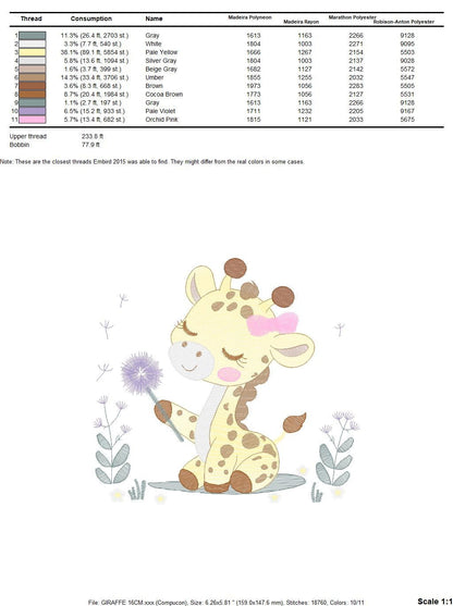 Giraffe embroidery design - Safari Animal embroidery designs machine embroidery pattern - Baby girl embroidery - Giraffe with flower lace