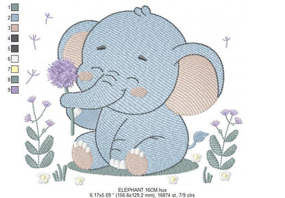 Elephant embroidery designs - Safari Animal embroidery design machine embroidery pattern - Baby boy embroidery file - Elephant with flower