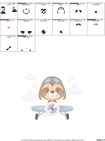 Airplane embroidery designs - Sloth Pilot embroidery design machine embroidery pattern - Baby boy embroidery file - digital download pes jef