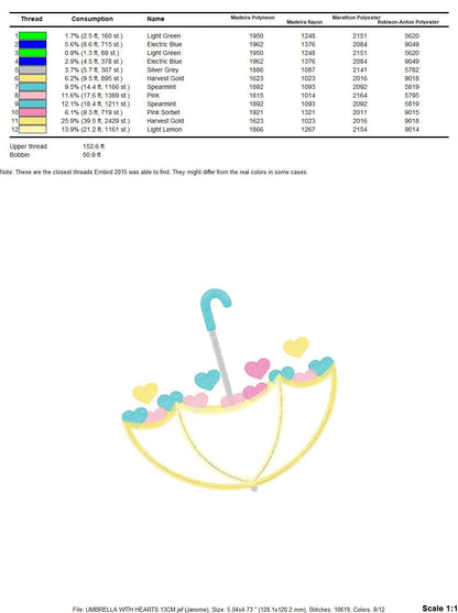 Umbrella with hearts embroidery designs - Umbrella applique machine embroidery pattern - Girl Umbrella applique - Instant download pes jef