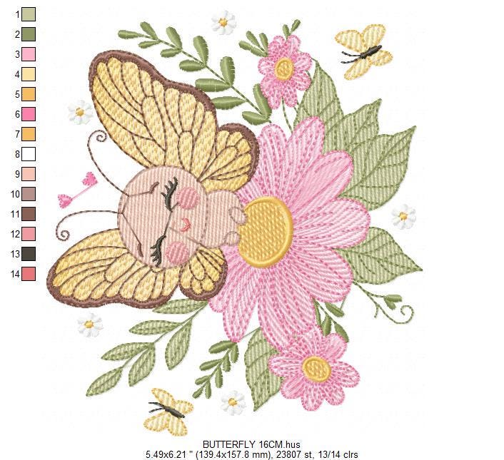Butterfly embroidery designs - Flowers embroidery design machine embroidery pattern - Kitchen towel embroidery file - instant download pes