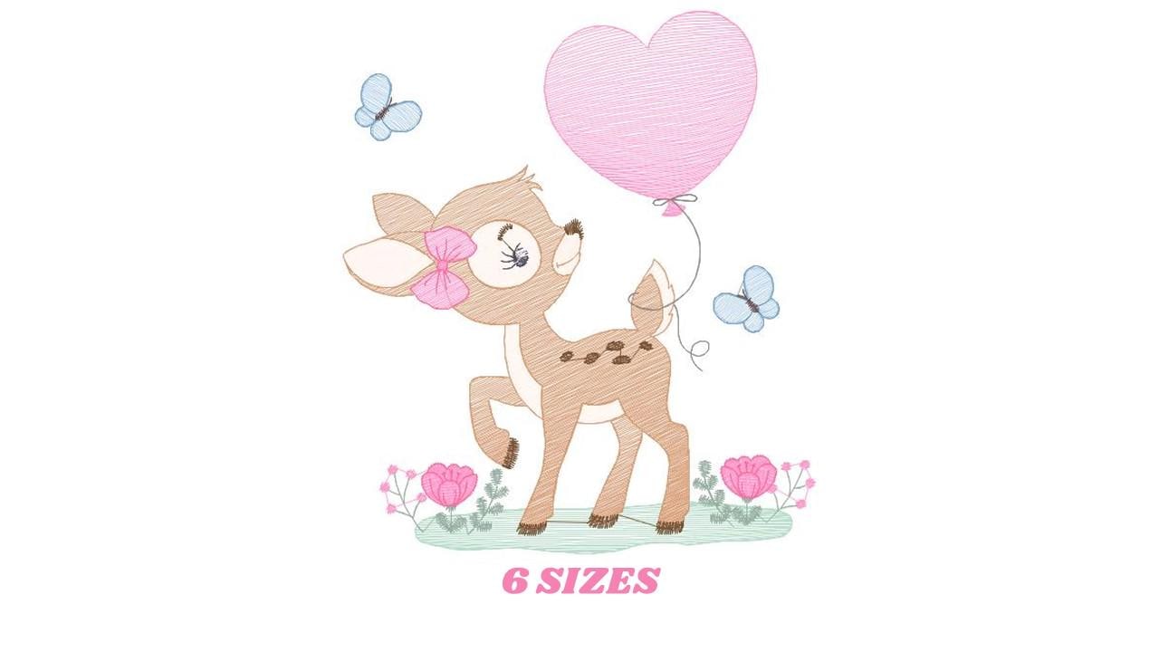 Deer embroidery design - Woodland Animal with Balloon embroidery designs machine embroidery pattern - Baby girl embroidery file - download