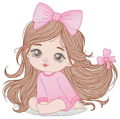 Girl embroidery designs - Baby girl with lace embroidery design machine embroidery pattern - Toddler embroidery file - Girl with long hair