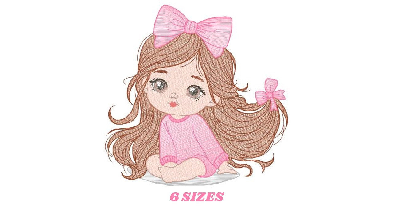 Girl embroidery designs - Baby girl with lace embroidery design machine embroidery pattern - Toddler embroidery file - Girl with long hair