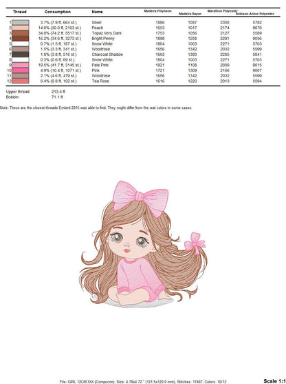 Girl embroidery designs - Baby girl with lace embroidery design machine embroidery pattern - Toddler embroidery file - Girl with long hair