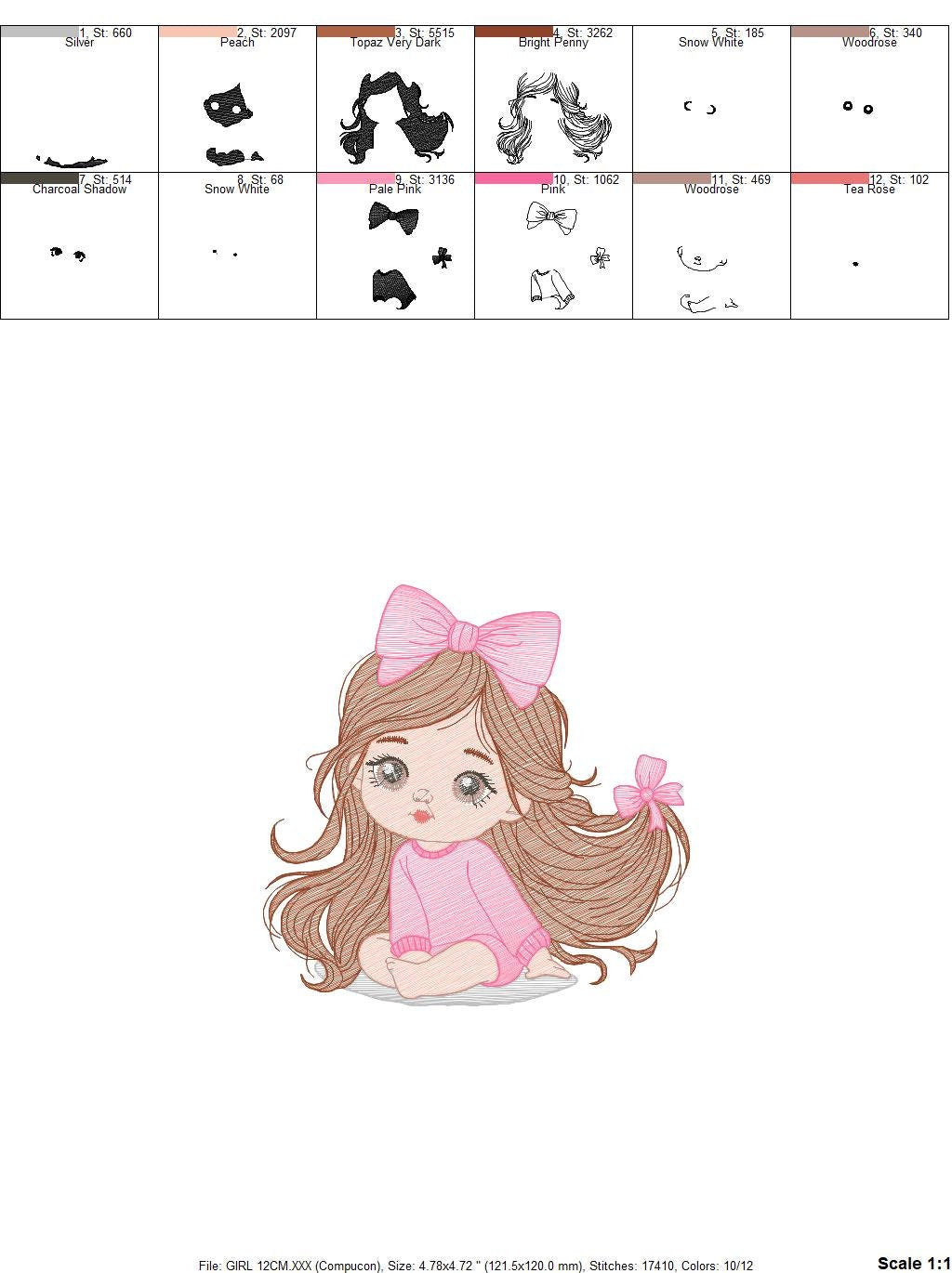 Girl embroidery designs - Baby girl with lace embroidery design machine embroidery pattern - Toddler embroidery file - Girl with long hair