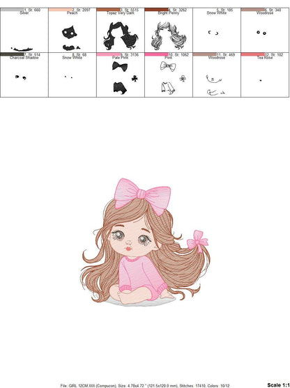 Girl embroidery designs - Baby girl with lace embroidery design machine embroidery pattern - Toddler embroidery file - Girl with long hair
