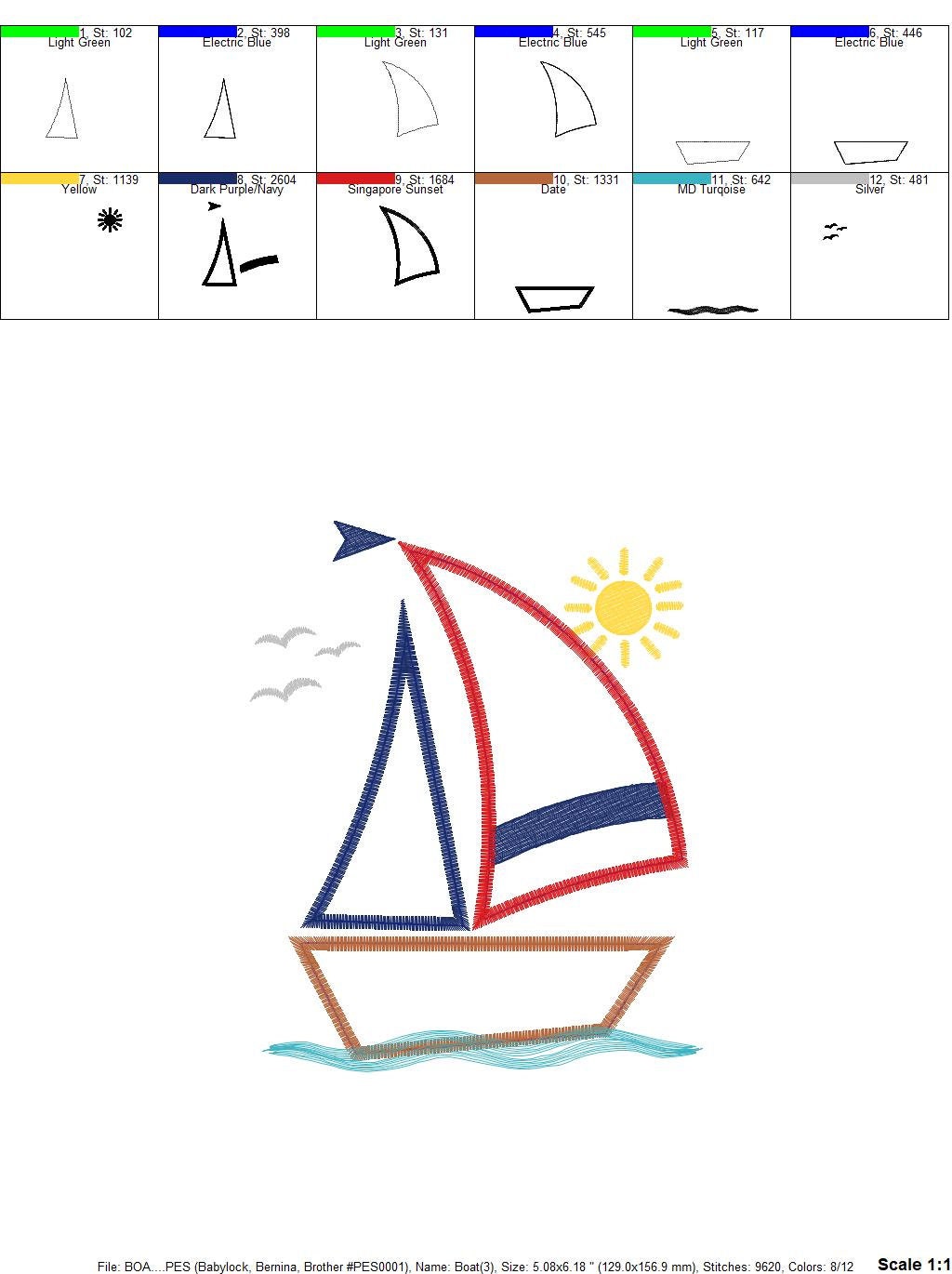 Boat embroidery designs - Sailboat applique machine embroidery pattern - Ocean Nautical file - Instant digital download pes jef dst hus vp3