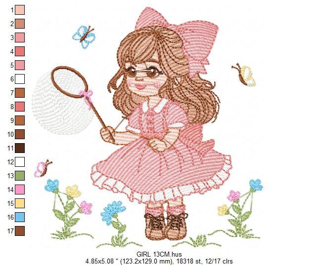 Girl embroidery designs - Baby girl with lace embroidery design machine embroidery pattern - Butterfly embroidery file - Girl with long hair