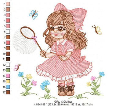 Girl embroidery designs - Baby girl with lace embroidery design machine embroidery pattern - Butterfly embroidery file - Girl with long hair