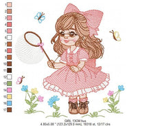 Cargar imagen en el visor de la galería, Girl embroidery designs - Baby girl with lace embroidery design machine embroidery pattern - Butterfly embroidery file - Girl with long hair
