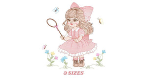 Girl embroidery designs - Baby girl with lace embroidery design machine embroidery pattern - Butterfly embroidery file - Girl with long hair