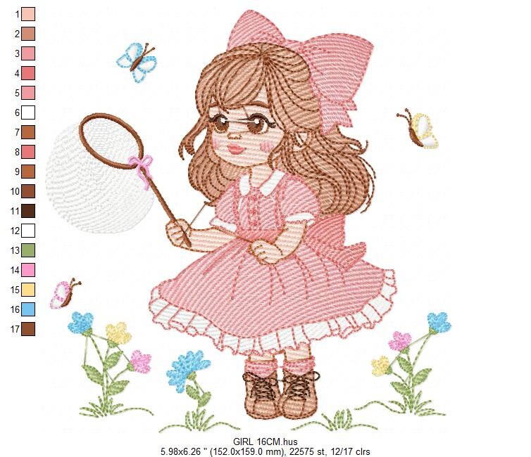 Girl embroidery designs - Baby girl with lace embroidery design machine embroidery pattern - Butterfly embroidery file - Girl with long hair