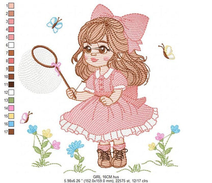 Girl embroidery designs - Baby girl with lace embroidery design machine embroidery pattern - Butterfly embroidery file - Girl with long hair