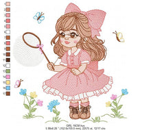 Cargar imagen en el visor de la galería, Girl embroidery designs - Baby girl with lace embroidery design machine embroidery pattern - Butterfly embroidery file - Girl with long hair
