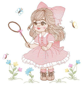 Girl embroidery designs - Baby girl with lace embroidery design machine embroidery pattern - Butterfly embroidery file - Girl with long hair