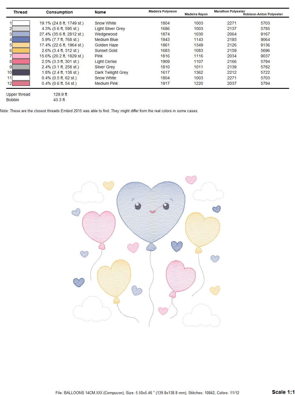Balloon embroidery design - Birthday Party Balloons machine embroidery pattern - Baby Girl Heart balloon - Instant digital download pes jef