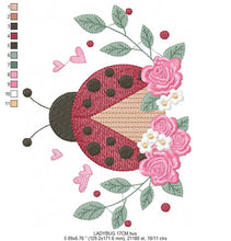 Cargar imagen en el visor de la galería, Ladybug embroidery designs - Baby Girl embroidery design machine embroidery pattern - Lady bug with flowers - Kitchen Towel instant download
