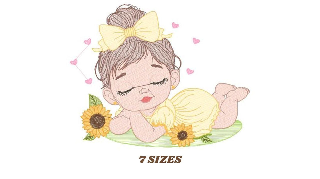 Baby girl embroidery designs - Girl with sunflower embroidery design machine embroidery pattern - Princess with lace embroidery download pes