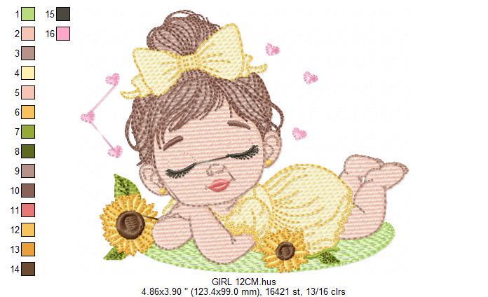 Baby girl embroidery designs - Girl with sunflower embroidery design machine embroidery pattern - Princess with lace embroidery download pes