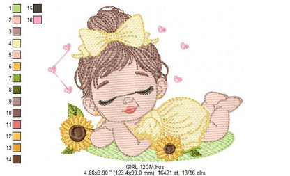 Baby girl embroidery designs - Girl with sunflower embroidery design machine embroidery pattern - Princess with lace embroidery download pes