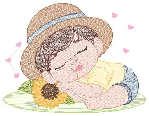 Baby boy embroidery design - Boy with hat embroidery designs machine embroidery pattern - Kid sleeeping with sunflower embroidery download