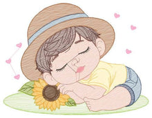 Carica l&#39;immagine nel visualizzatore di Gallery, Baby boy embroidery design - Boy with hat embroidery designs machine embroidery pattern - Kid sleeeping with sunflower embroidery download
