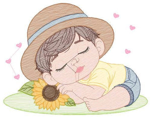 Baby boy embroidery design - Boy with hat embroidery designs machine embroidery pattern - Kid sleeeping with sunflower embroidery download