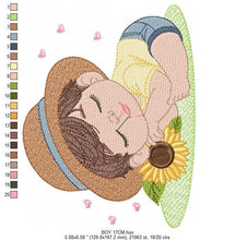 Carica l&#39;immagine nel visualizzatore di Gallery, Baby boy embroidery design - Boy with hat embroidery designs machine embroidery pattern - Kid sleeeping with sunflower embroidery download
