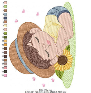 Baby boy embroidery design - Boy with hat embroidery designs machine embroidery pattern - Kid sleeeping with sunflower embroidery download