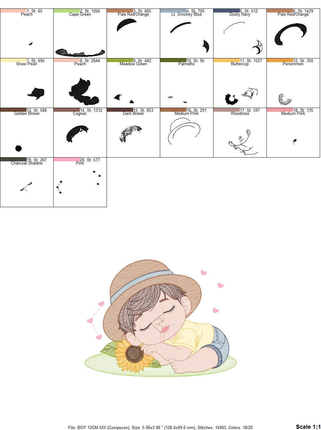 Baby boy embroidery design - Boy with hat embroidery designs machine embroidery pattern - Kid sleeeping with sunflower embroidery download