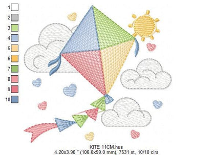Kite embroidery designs - Baby Boy embroidery design machine embroidery pattern - Kid toy embroidery file - Sky flying clouds - pes download