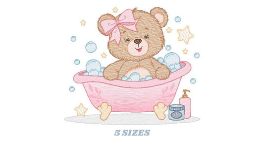 Bathing Bear embroidery designs - Baby girl embroidery design machine embroidery pattern - Bear with soap bubbles embroidery download pes