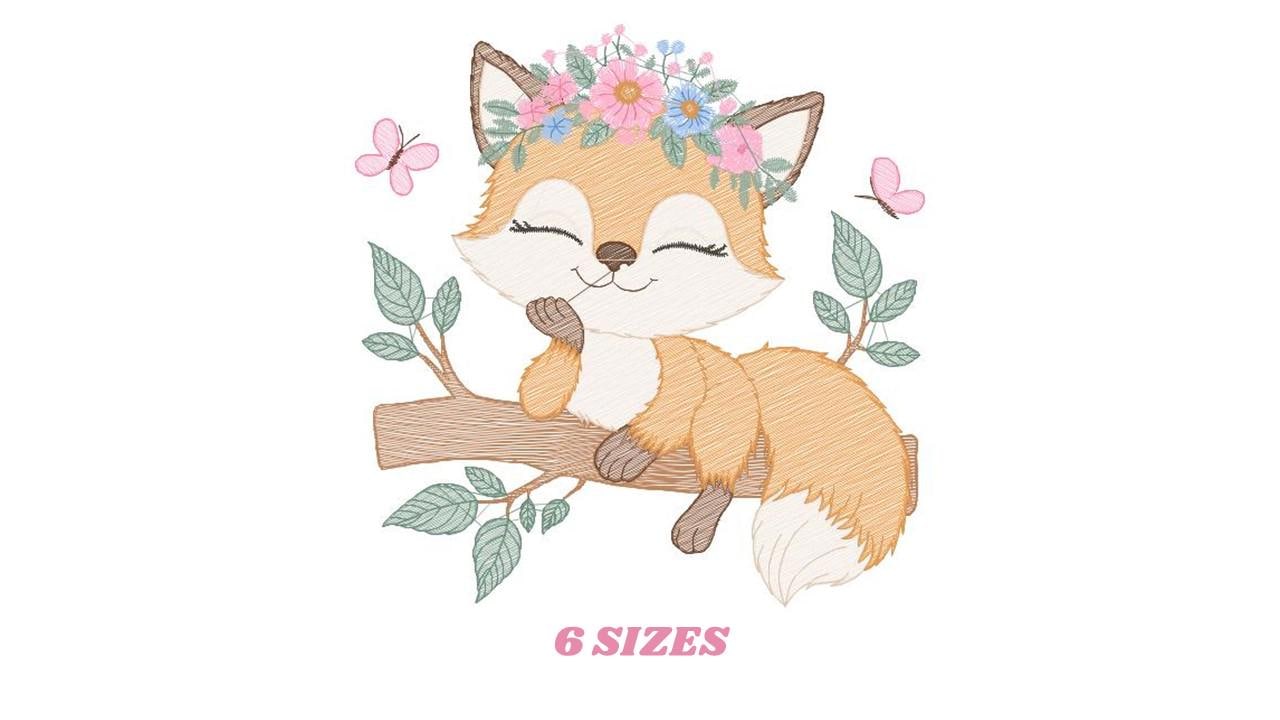 Red Fox embroidery designs - Woodland animal embroidery design machine embroidery pattern - Baby girl embroidery flowers - instant download