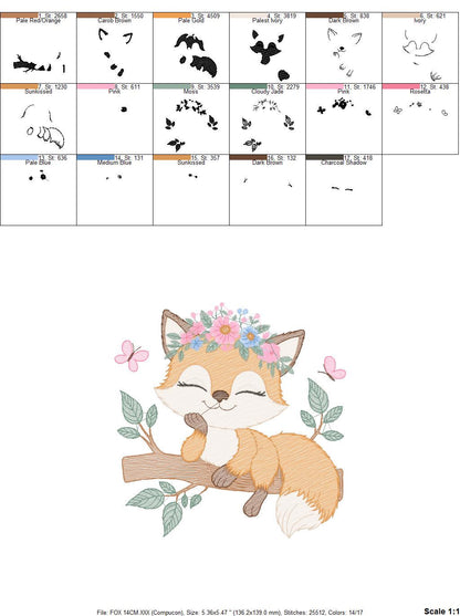 Red Fox embroidery designs - Woodland animal embroidery design machine embroidery pattern - Baby girl embroidery flowers - instant download