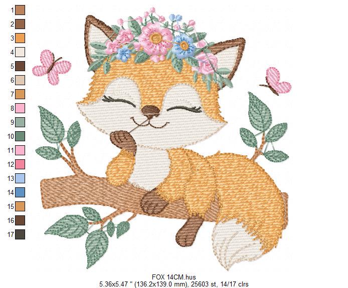 Red Fox embroidery designs - Woodland animal embroidery design machine embroidery pattern - Baby girl embroidery flowers - instant download