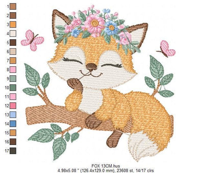 Red Fox embroidery designs - Woodland animal embroidery design machine embroidery pattern - Baby girl embroidery flowers - instant download