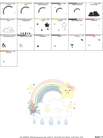 Rainbow embroidery design - Star rain and cloud embroidery design machine embroidery pattern - Baby girl embroidery file - instant download