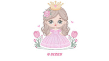 Charger l&#39;image dans la galerie, Princess with crown embroidery designs - Baby Girl embroidery design machine embroidery pattern - Girl with flowers - instant download pes
