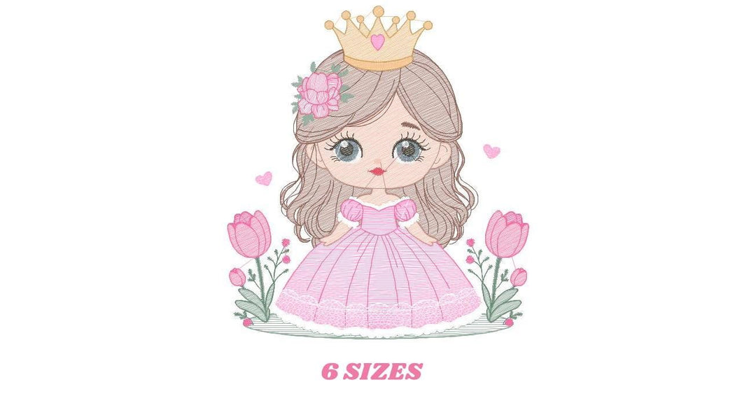 Princess with crown embroidery designs - Baby Girl embroidery design machine embroidery pattern - Girl with flowers - instant download pes