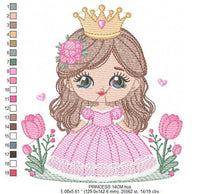 Load image into Gallery viewer, Princess with crown embroidery designs - Baby Girl embroidery design machine embroidery pattern - Girl with flowers - instant download pes
