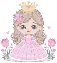 Load image into Gallery viewer, Princess with crown embroidery designs - Baby Girl embroidery design machine embroidery pattern - Girl with flowers - instant download pes
