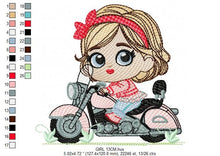 Cargar imagen en el visor de la galería, Girl with bike embroidery designs - Baby Girl embroidery design machine embroidery pattern - Scooter embroidery file - Motorcycle Chopper
