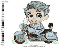 Cargar imagen en el visor de la galería, Boy with motorcycle embroidery designs - Baby Boy embroidery design machine embroidery pattern - Motorcyclist Biker Chopper ride download
