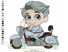 Laden Sie das Bild in den Galerie-Viewer, Boy with motorcycle embroidery designs - Baby Boy embroidery design machine embroidery pattern - Motorcyclist Biker Chopper ride download
