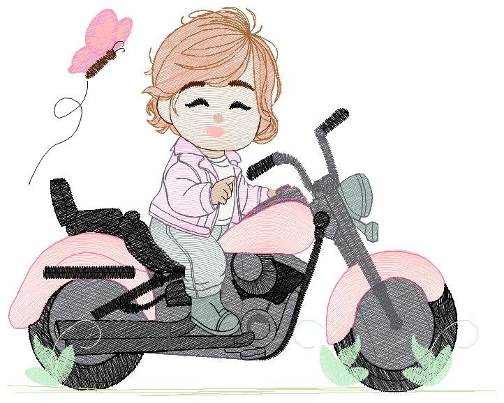 Girl biker embroidery designs - Girl with motorcycle embroidery design machine embroidery pattern - Scooter embroidery file - Chopper Hog