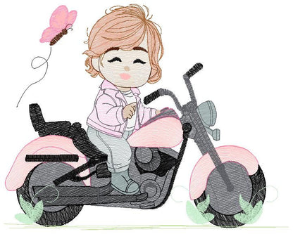 Girl biker embroidery designs - Girl with motorcycle embroidery design machine embroidery pattern - Scooter embroidery file - Chopper Hog